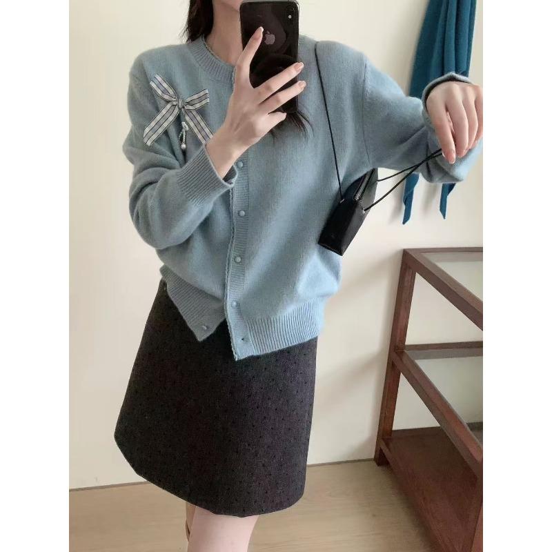 

Весенний новый дизайн с бантом, свитер с круглым вырезом, куртка, свободный, уменьшающий возраст, тонкий вязаный кардиган, женский one size fits all синий