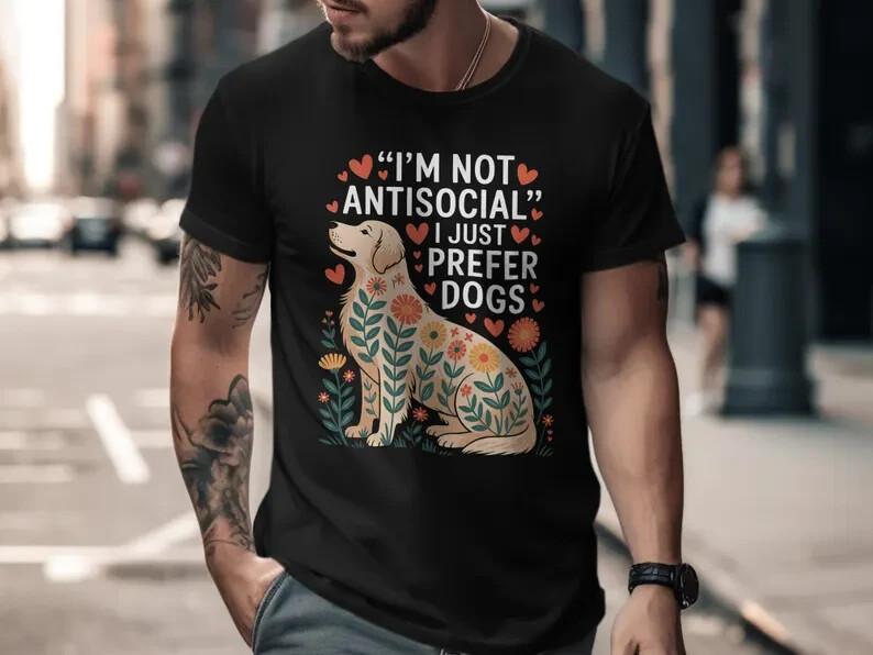 I Prefer Dogs T Shirt, Antisocial Dog Lover Tee, Floral Golden Retriever Shi #33 S