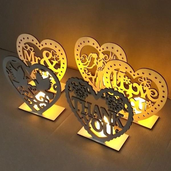 1pc Cute Wooden Heart Sharped LED Candle Lamp Table Ornament Wedding Party Festival Decor