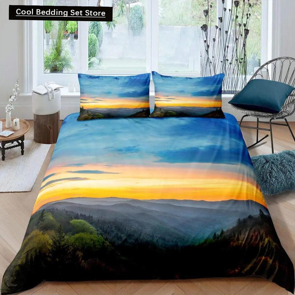 Dumanlı Dağ Nevresim Takımı Çam Ağaçları Yorgan Kılıfı Erkek Çocuk Manzara Yorgan Kılıfı Doğal Manzara Sanat Polyester Yatak Takımı