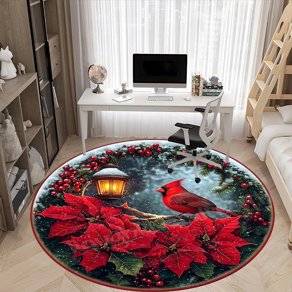 1pc Christmas Cardinal Poinsettia Chair Carpet for Office, Round Non Slip Durable Large Size Office Carpet, Suitable for Office
