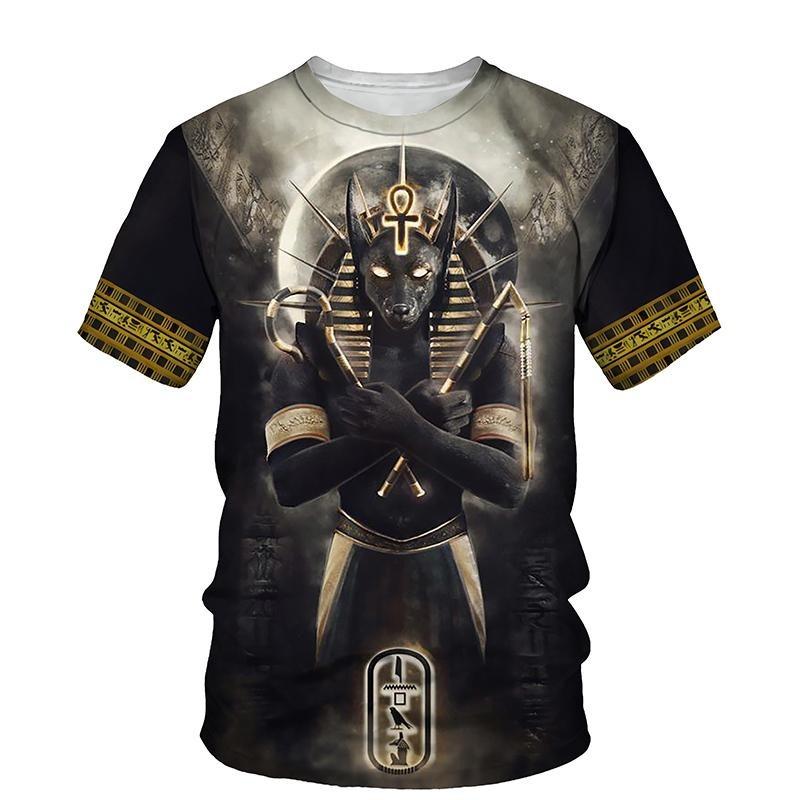 Ägyptisches Pharaonenmuster Herren T-Shirt Gold Einzigartige Persönlichkeit Trend O-Ausschnitt T-Shirts Ägypten Anubis Sensenmann Kurzarm Tee