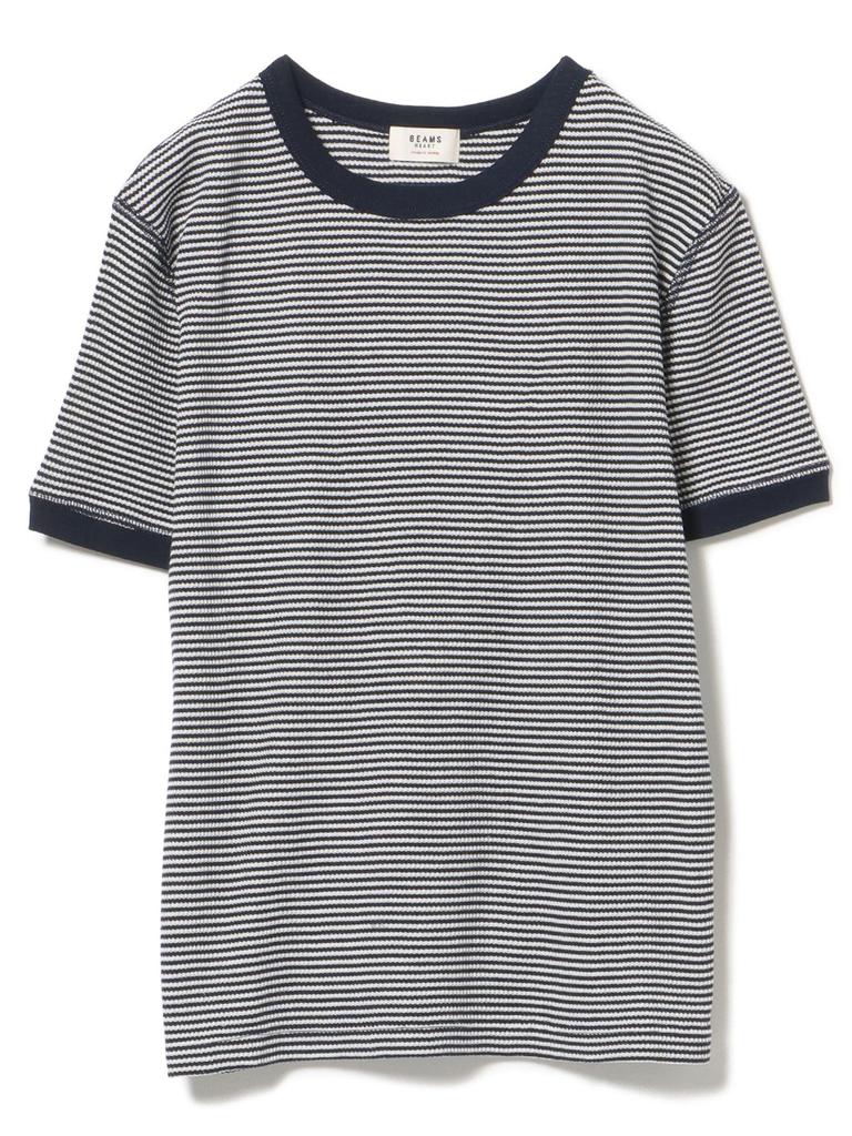 Beams Heart Tee Waffle Striped Pullover Navy One Size S/S Women's