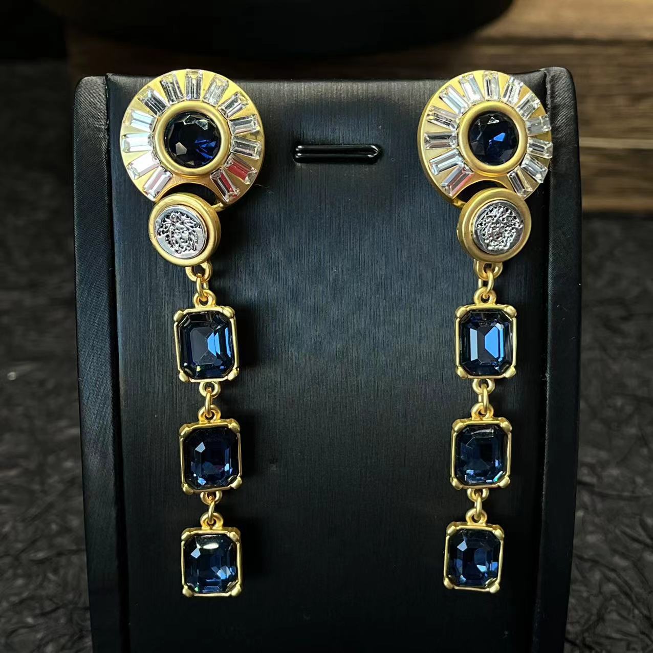 Medieval Vintage Geometric Long Gemstone Earrings Round Quadrilateral Studded Retro Court Atmospheric