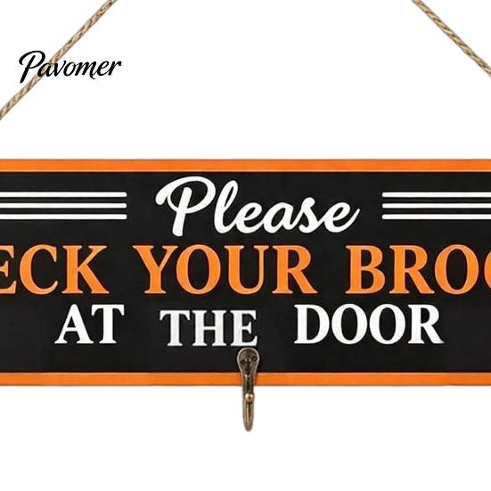 Halloween Home Decor Broom Parking Sign, Check Your Brooms Wooden Wall Hanging Sign Witch with Hooks for Indoor Outdoor Front Porch Creative