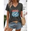 New Women's Fashionable Women's Clothing, Vintage Style, Highway 66 Positioning Print V-neck Short Sleeve