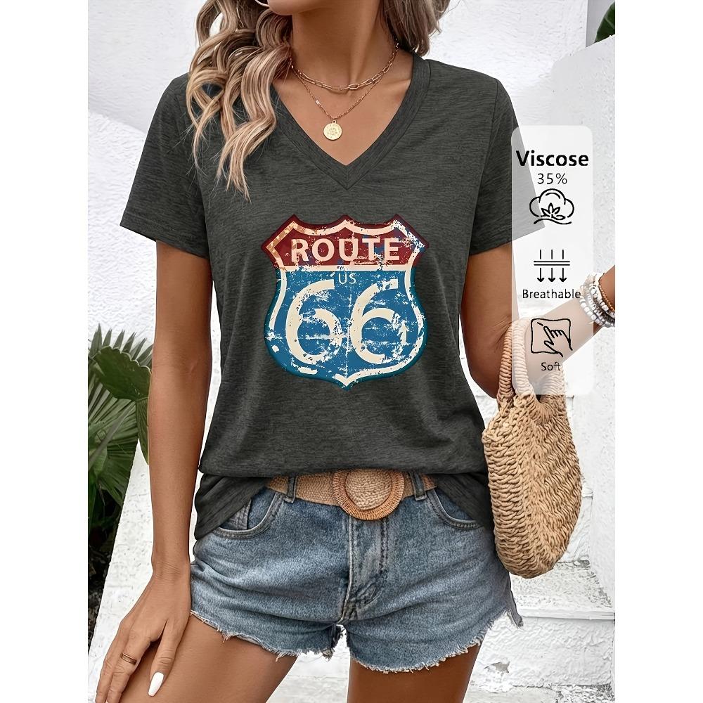 New Women's Fashionable Women's Clothing, Vintage Style, Highway 66 Positioning Print V-neck Short Sleeve