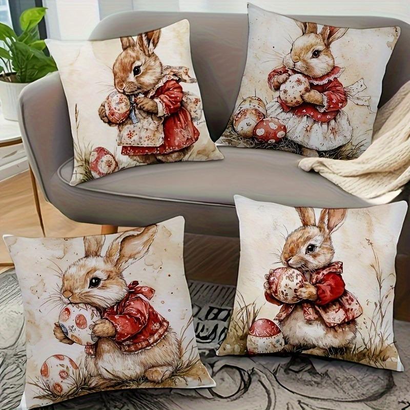 4 2D Retro Easter Bunny Pillowcases With Geometric Patterns, Suitable For Sofa, Living Room, And Bedroom Decor Pillowcases