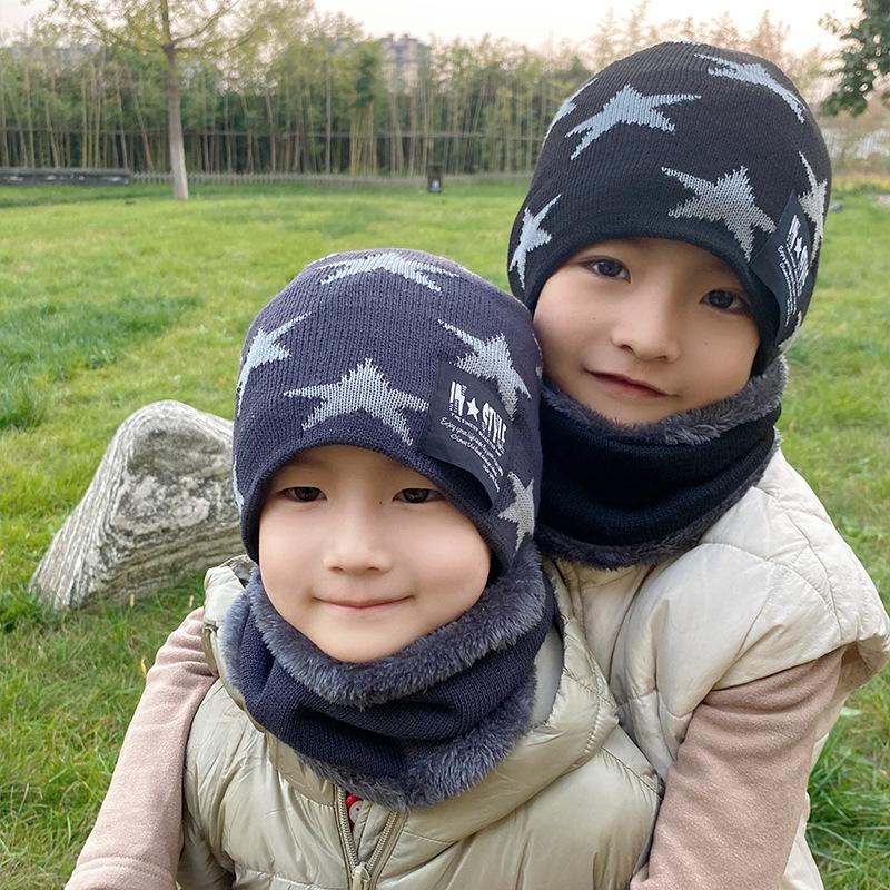Versione coreana cappello di lana per bambini a cinque stelle ragazzi e ragazze acrilico set cappello e sciarpa caldo sport all'aria aperta cappello lavorato a maglia