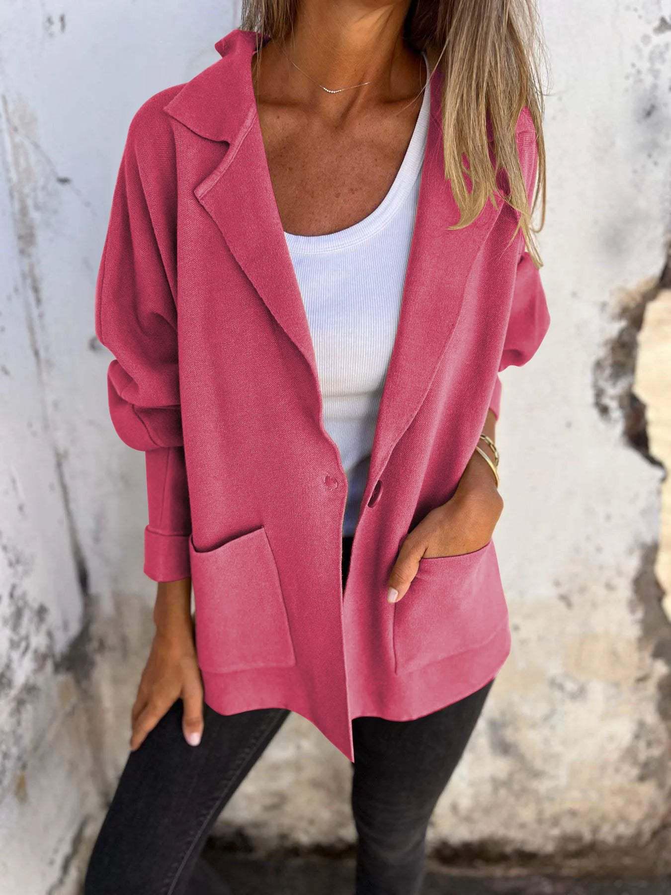 

Women s Casual Versatile Jacket with Turn-Down Collar and Pockets - 2024 Autumn/Winter Collection Small рожевий