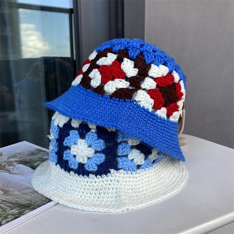 ins Hyunya wind hollow crochet color matching knitted hat female autumn and winter versatile girl show face small wool hat