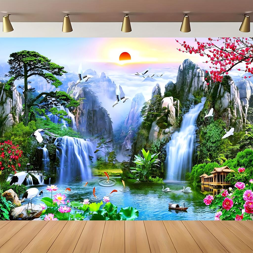 21 pieces of magical waterfalls and cherry blossoms swans koi fish and pagodas - Asian landscapes in synthetic natural scenes