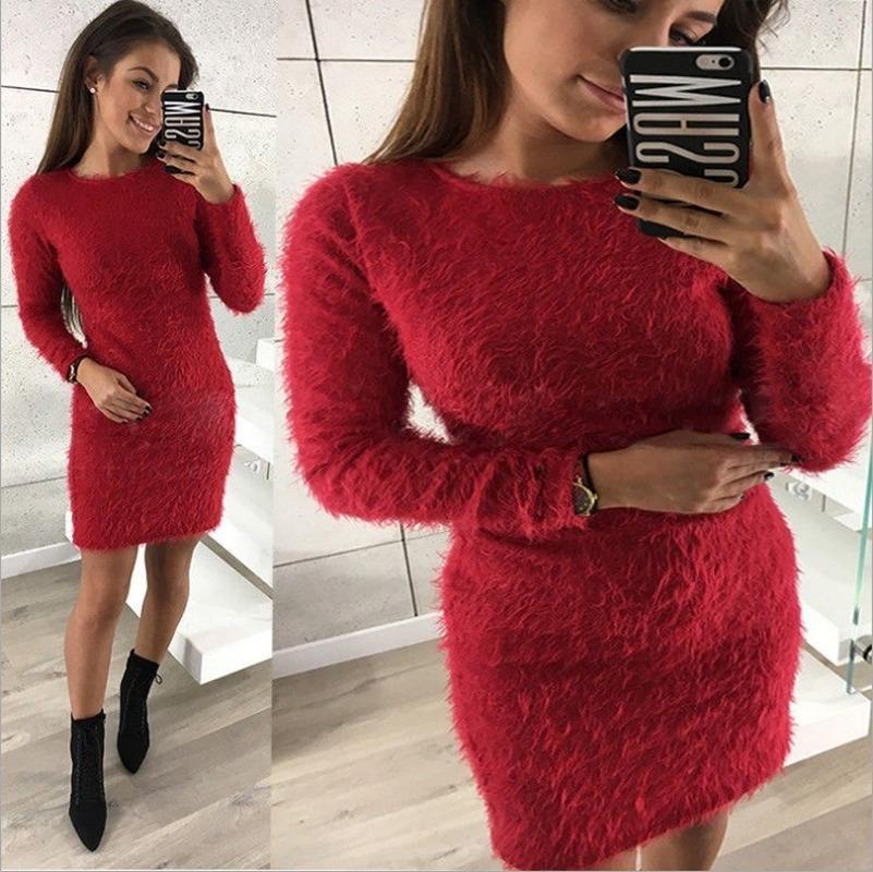 SCIONE Women Plush Round Neck Casual Sweater Loose Sleeve Long Sleeve Round Neck Plush Dress