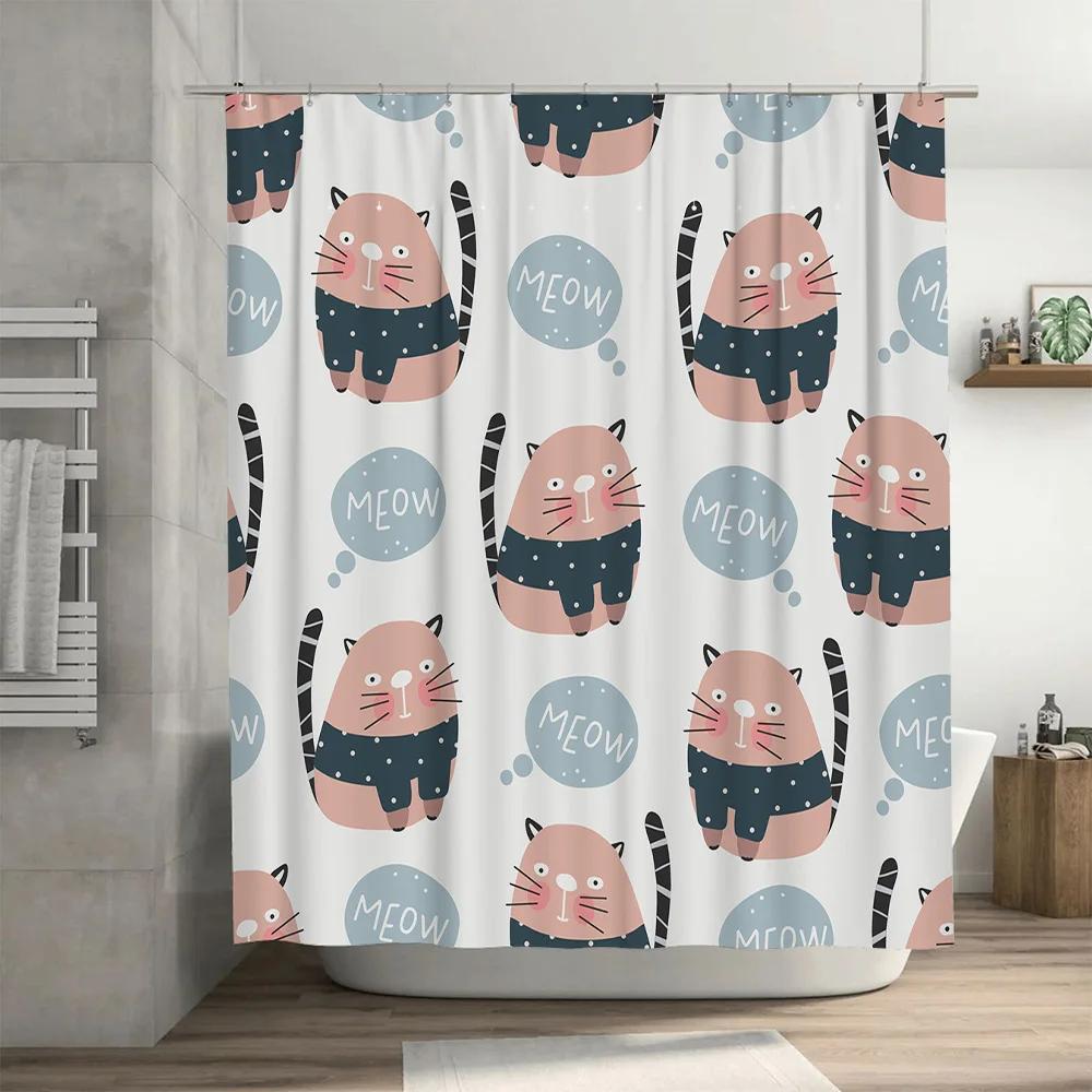 Whimsical Cat Shower Curtain Pink Black Striped Feline Print Polyester Fabric Waterproof Home Decor Item for Bathroom