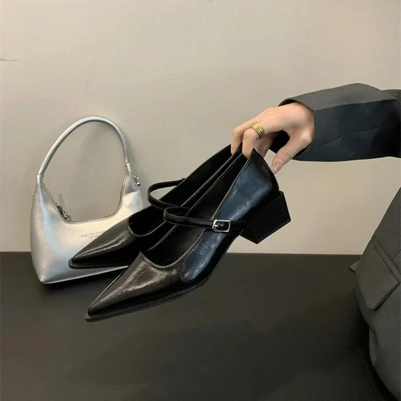 Retro Style Thick Heel Women Mary Jane Shoes Fashion Shallow Pointed Toe Ladies Comfort Office Pumps Footwear