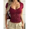 Women Lace Bow Tie Short Sleeve U Neck Fitted Sheer Mesh Crop Top