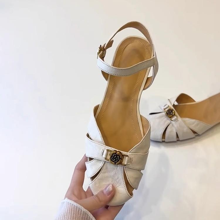 Sheepskin Version~ New Hollow Soft Leather One-word Sandals Women's Round Head Versatile Retro Camellia Shoes