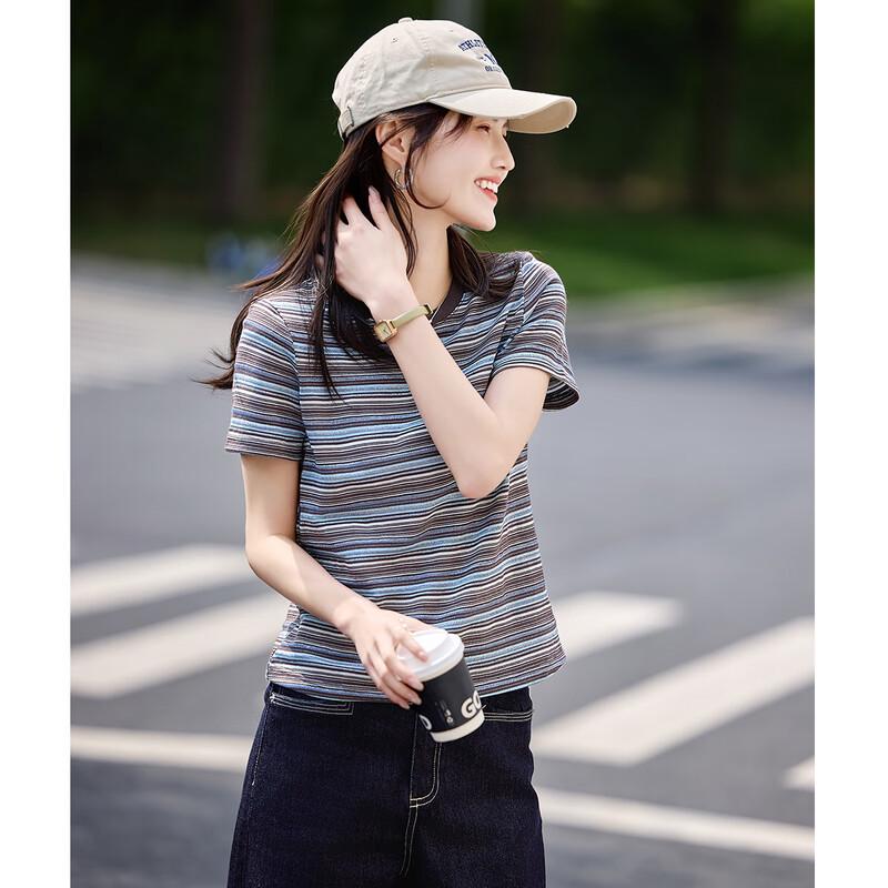 Women's Striped Color Block Round Neck T-Shirt