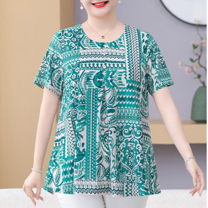 Summer Women's Print Blouse Loose Short Sleeve T-shirt Round Neck Plus Size Blouse 3XL-8XL