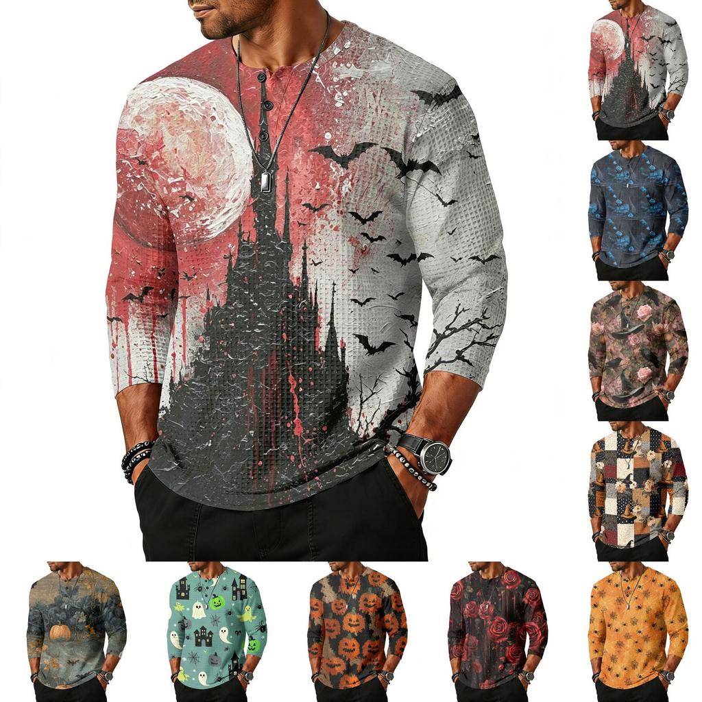 Men's Casual Raglan Sleeve Henley Shirt Three Quarter Sleeve Lightweight Breathable Top with Floral Graphic Print for Everyday Wear