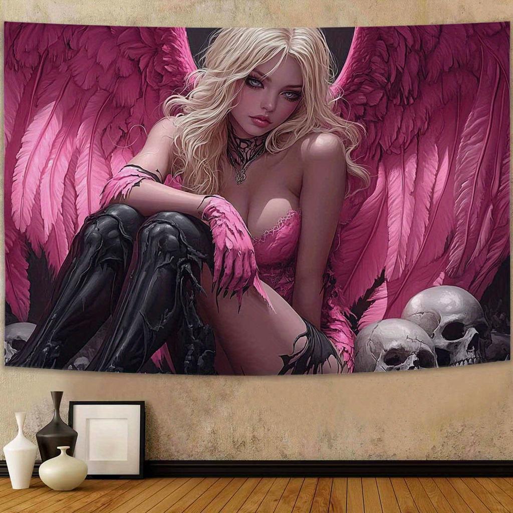 Pink Angel with Skulls Tapestry Wall Decor for Bedroom Cozy Atmosphere Gothic Home Style and Dark Romantic Charm Enhancement