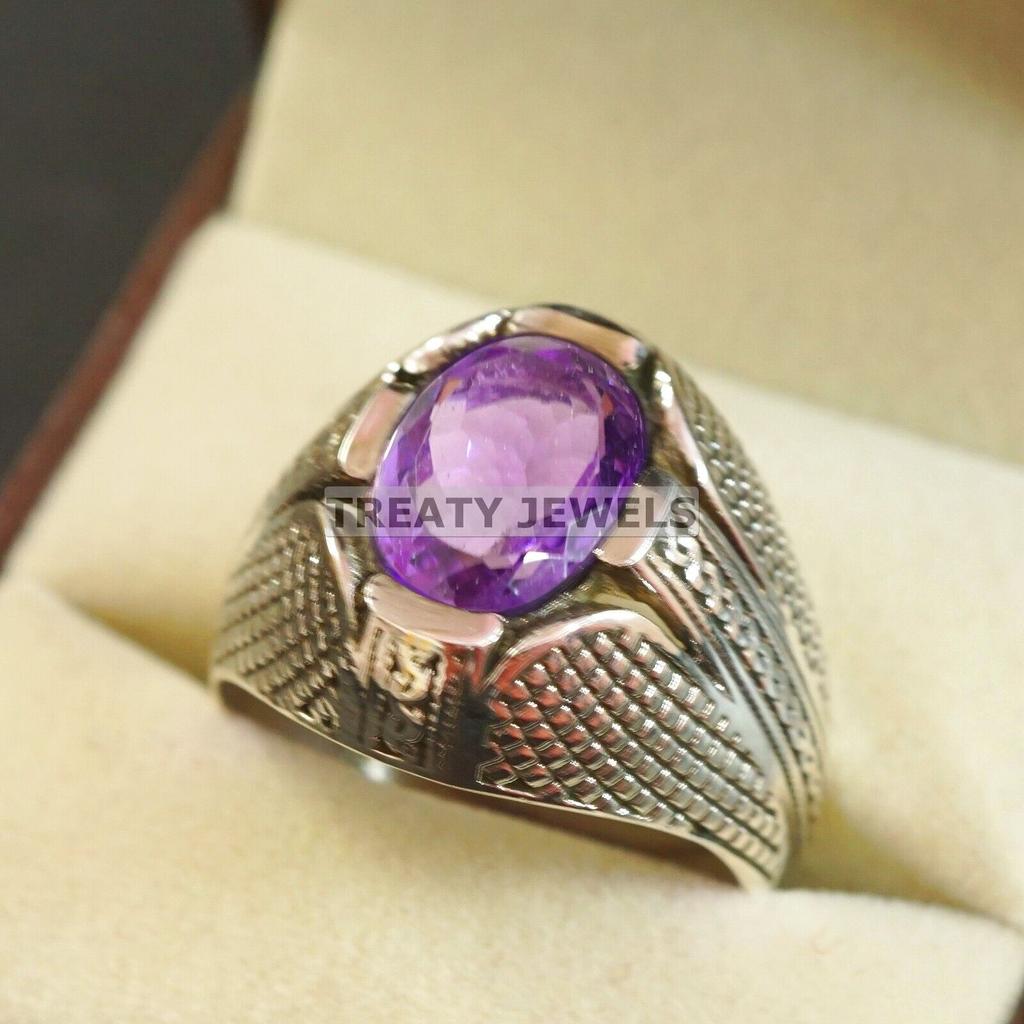 Bague en Argent Sterling 925 avec Pierre Précieuse Améthyste Taille Ovale Pour Homme #A674 JL375658843111