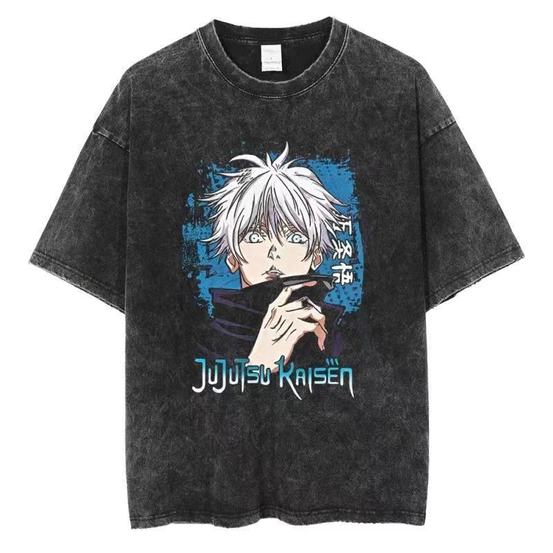 Jujutsu Kaisen Trykk Vintage Vasket T-skjorte Harajuku Japansk Anime Streetwear Grafisk T-skjorte Kortermet Bomulls-T-skjorte