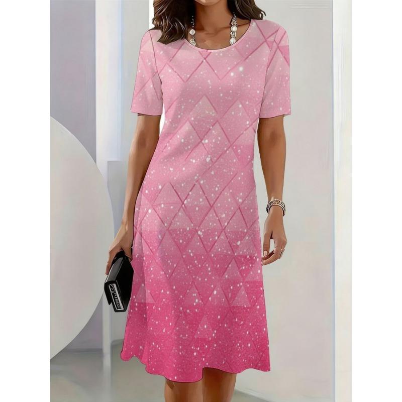 Women s Round Neck Loose Casual Random Print Short Sleeve Dress S