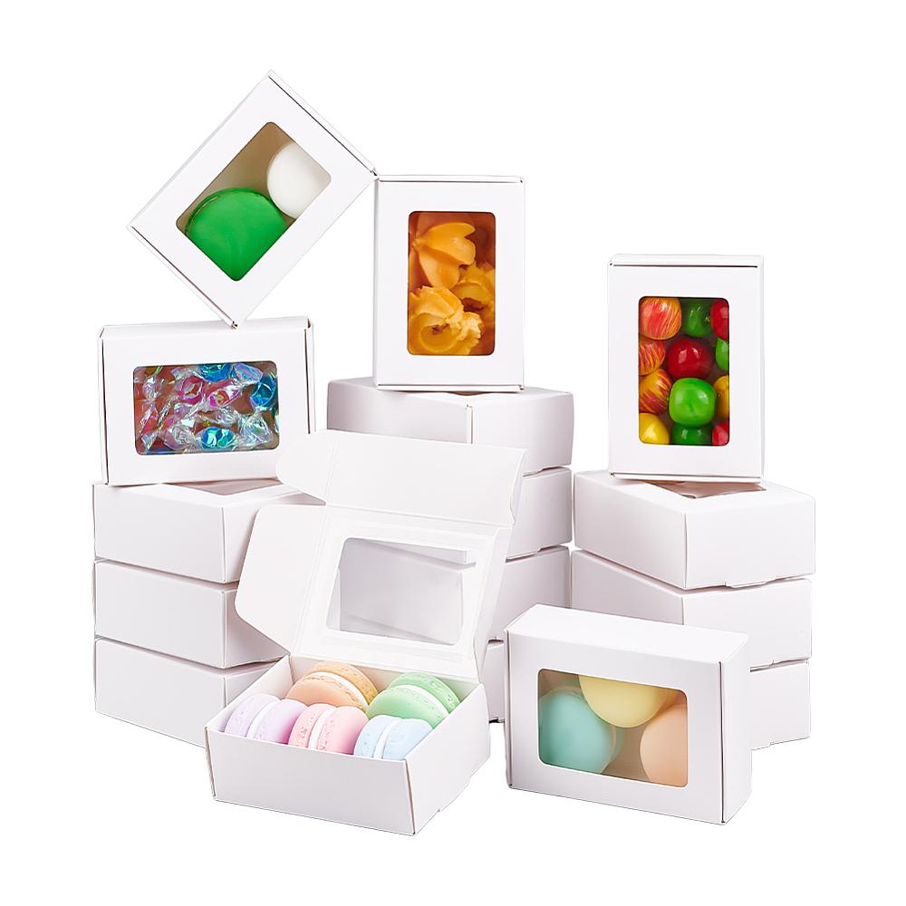30pcs Paper Candy Boxes Bakery Box with PVC Clear Window for Party Wedding Baby Shower Rectangle White 8.7x6.2x3cm