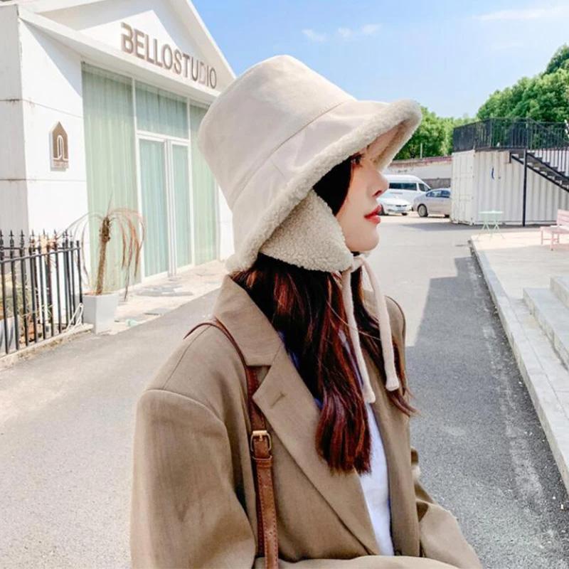 1Pc Bucket Hat Windproof Strap Versatile Lamb's Wool Warm Fisherman Hat Velvet Ear Protection