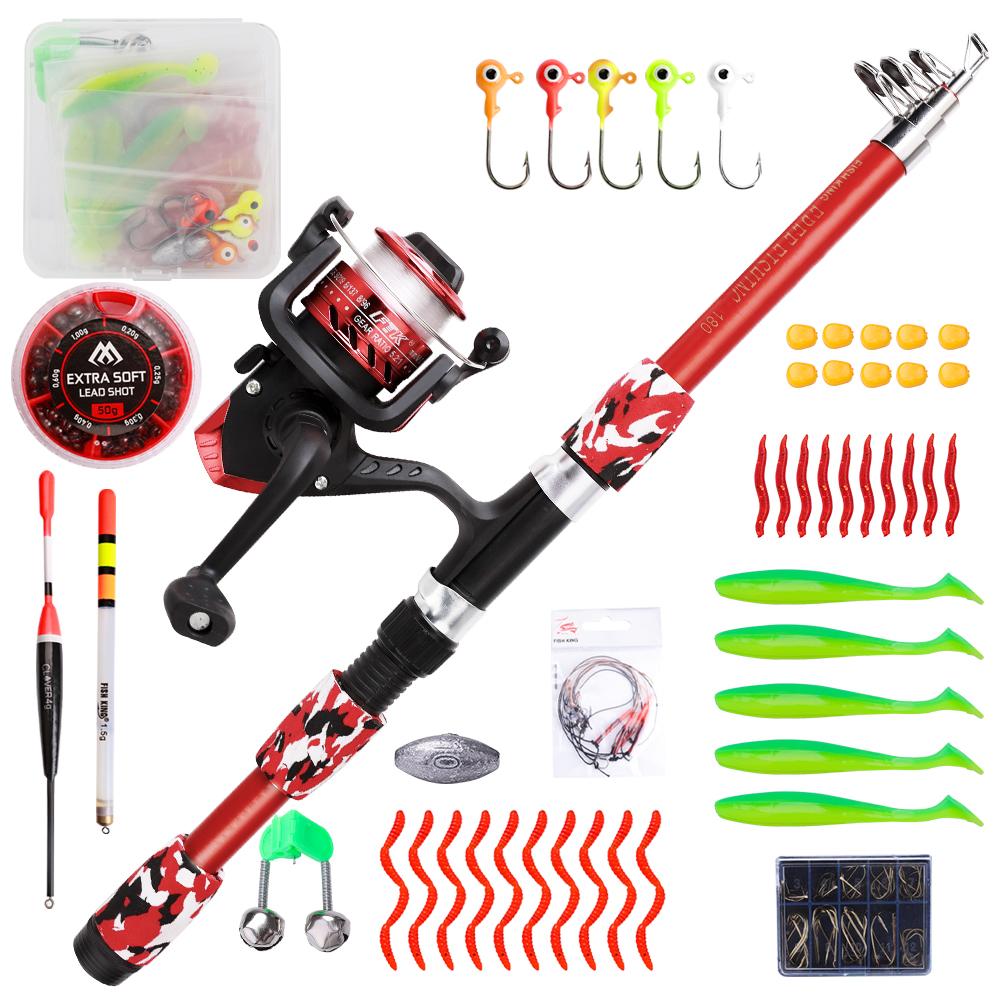 FTK 1.8m Fishing Pole Set Full Kits With Telescopic Fishing Rod And Spinning Reel Baits Hooks Travel Pole Set
