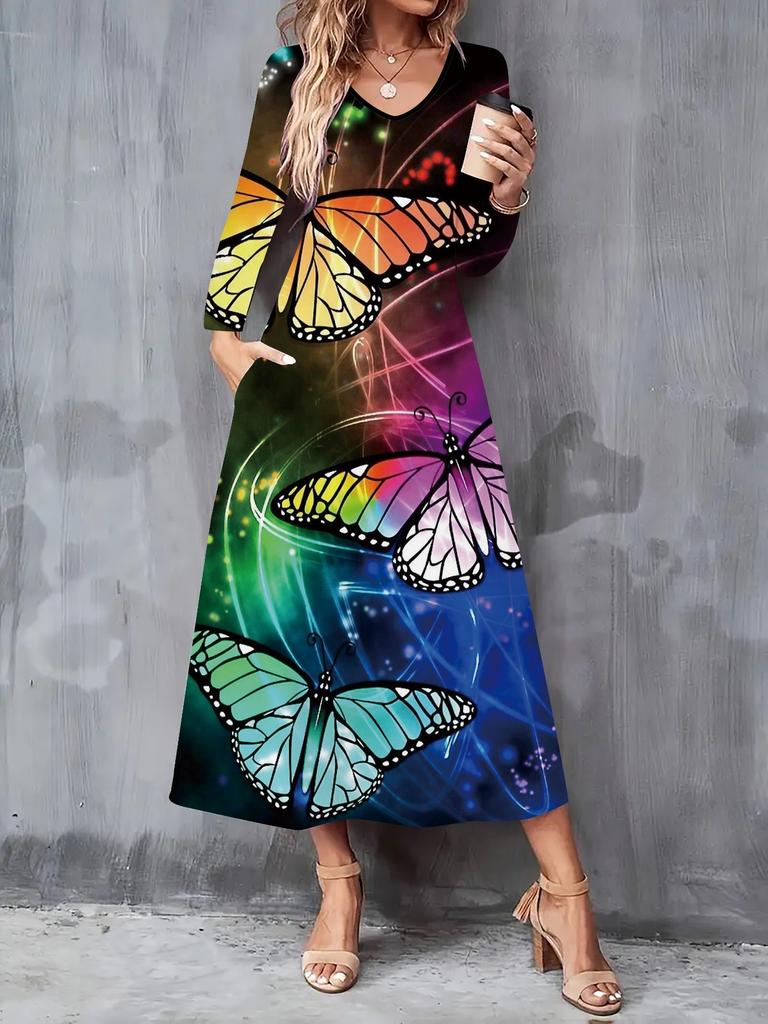 2025 Autumn and Winter New Women Casual Fashion Dress 3D Butterfly Print  Long Sleeve V-Neck A-Line Dresses