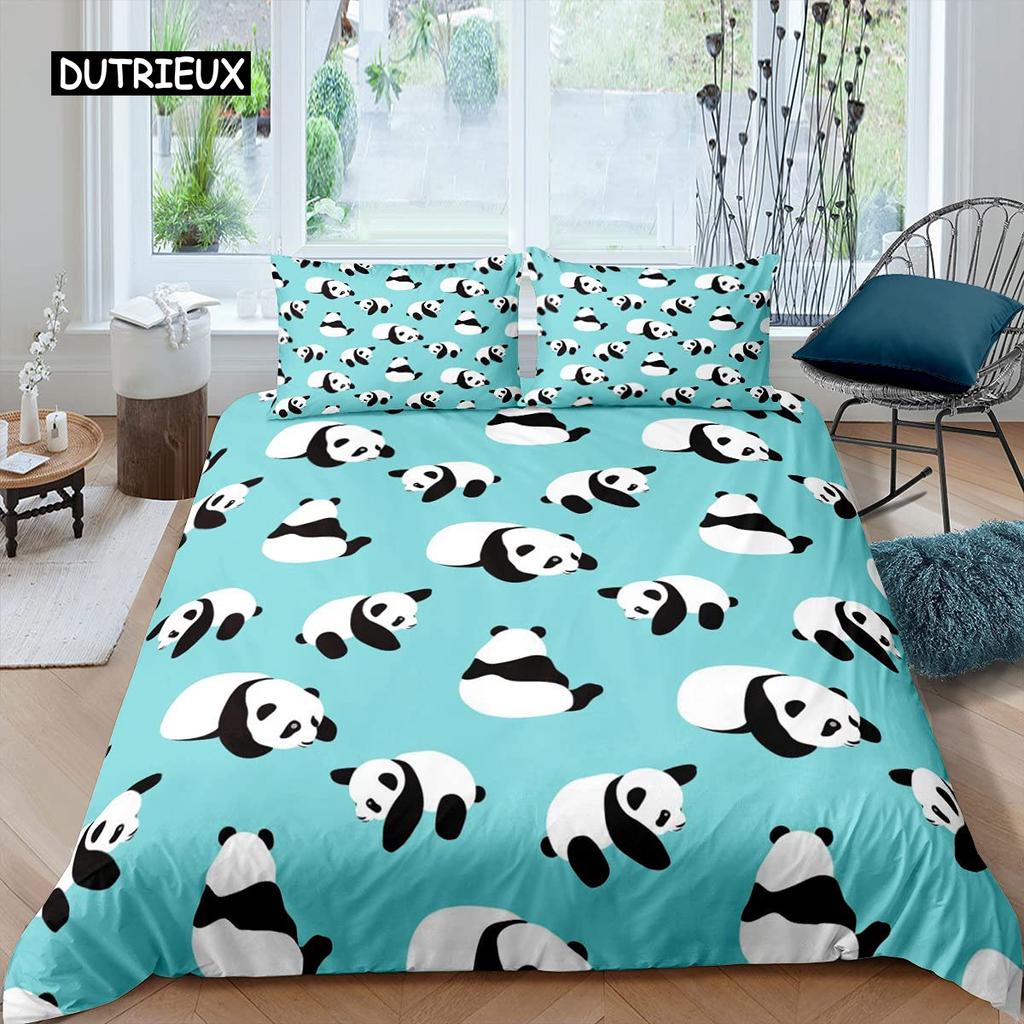Panda König Komplettes Bettwäscheset Kinder Romantisches Bettwäscheset Cartoon Tier Bettbezug Fahrrad Ballon Libelle Polyester Bettdeckenbezug