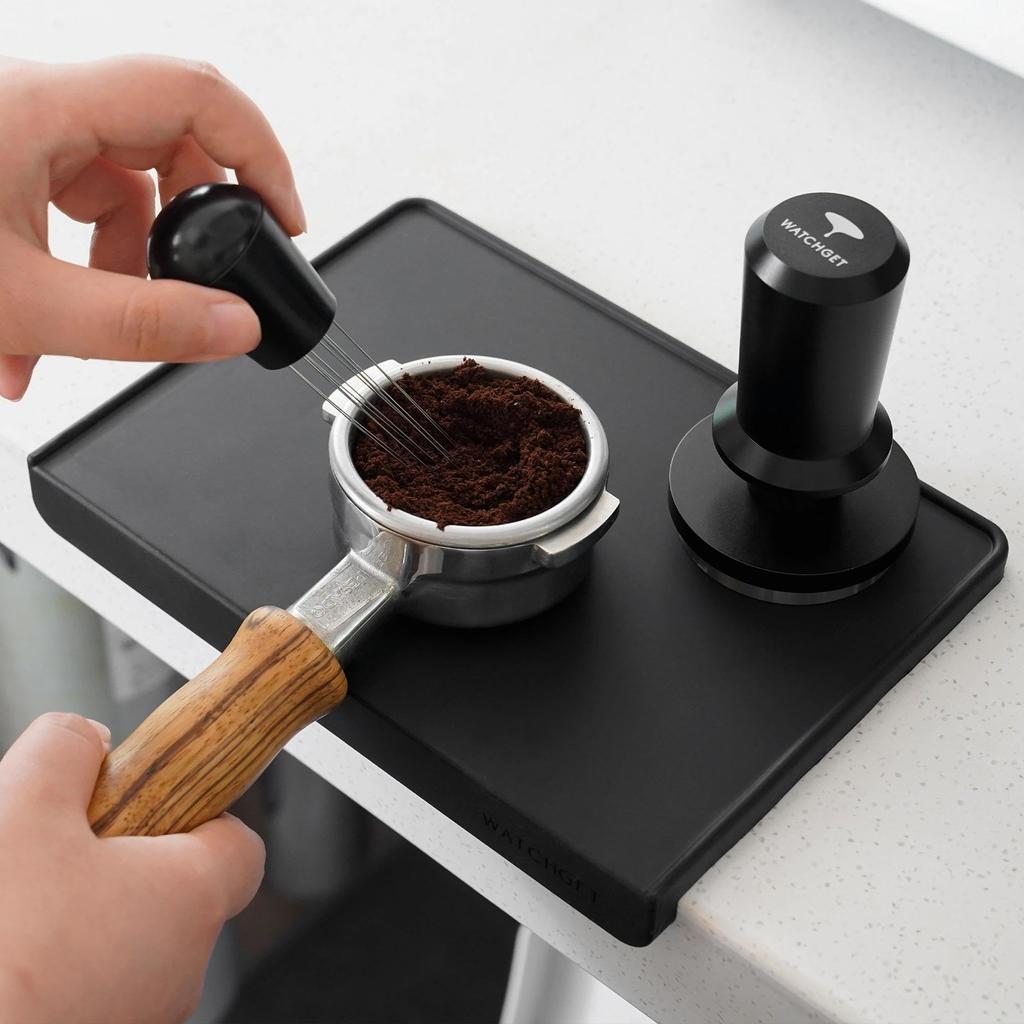 Watchget Espresso Coffee Tamper Mat 8.5 X 5.9 Inch Black Food Grade Silicone Portafilter Corner Pad Waterproof Barista Kitchen Accessory