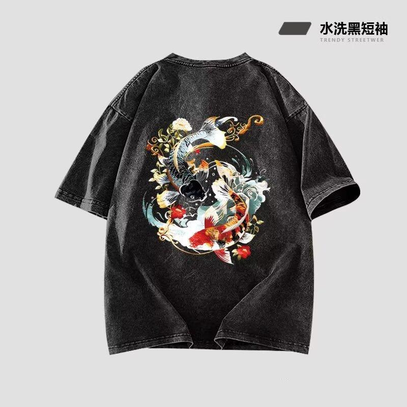 

4 Новая летняя футболка с коротким рукавом, вышитые цветы, принт открытых карпов кои, персонализированная рубашка в национальном стиле, китайский стиль, свободная парная футболка M серый