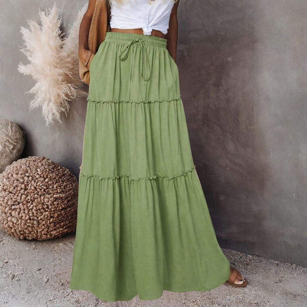Women's Fashion Color Elastic Waist Skirt Loose Casual High Waist Tie Long Skirt