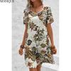 MODIQUE 2025 Sommer Neue frauen Casual Blumen Und Pflanzen Drucken Meah Kurze Kleid Damen Retro A-linie V-ausschnitt Kleid