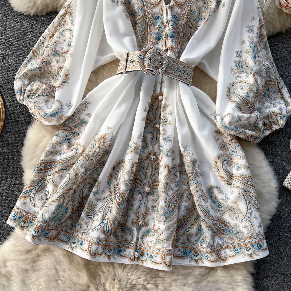 Französisches Vintage-Kleid mit V-Ausschnitt, Falten, Gürteldruck, lange Laternenärmel, einreihig, lässig, kurze Kleider für Damen im Herbst