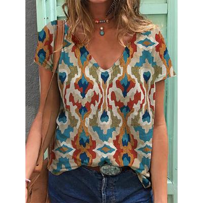 Geometric Graphics 3D Print T-shirts Women Ethnic Style Vintage Streetwear T Shirt Y2k Tops Woman V-Neck Tees Oversized Clothing