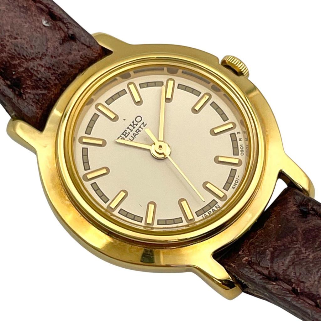 Used Working/New Battery Seiko SEIKO 4N01-0441 Quartz Analog 3 Hand Watch Gold Ladies Vintage Round Rare [d8]
