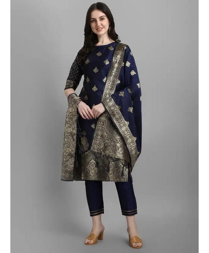Women's Designer Party Wear Top Tunic Cotton Silk Salwar Kameez Kurti Pant Dupatta Set