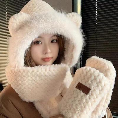 Women's Cute Bear Winter Hat, Scarf, and Gloves Set - Thick, Plus Velvet, Three-Piece Set for Warmth & Protection.