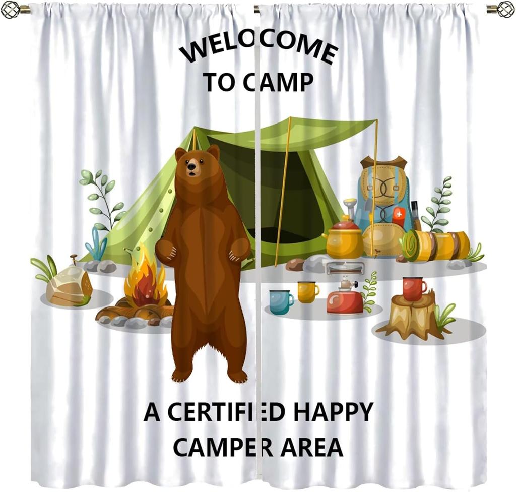 Retro Happy Camper Curta,Rustic Wood Plank Camping Travel Trailer Blackout Rod Pocket Window Curtain,For Boys Girls Living
