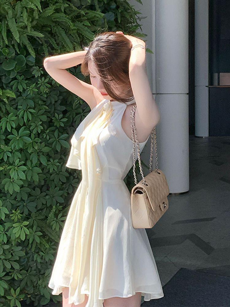 French Lady Irregular Waistless Chiffon Dress With Halter Neck For Summer Fashion