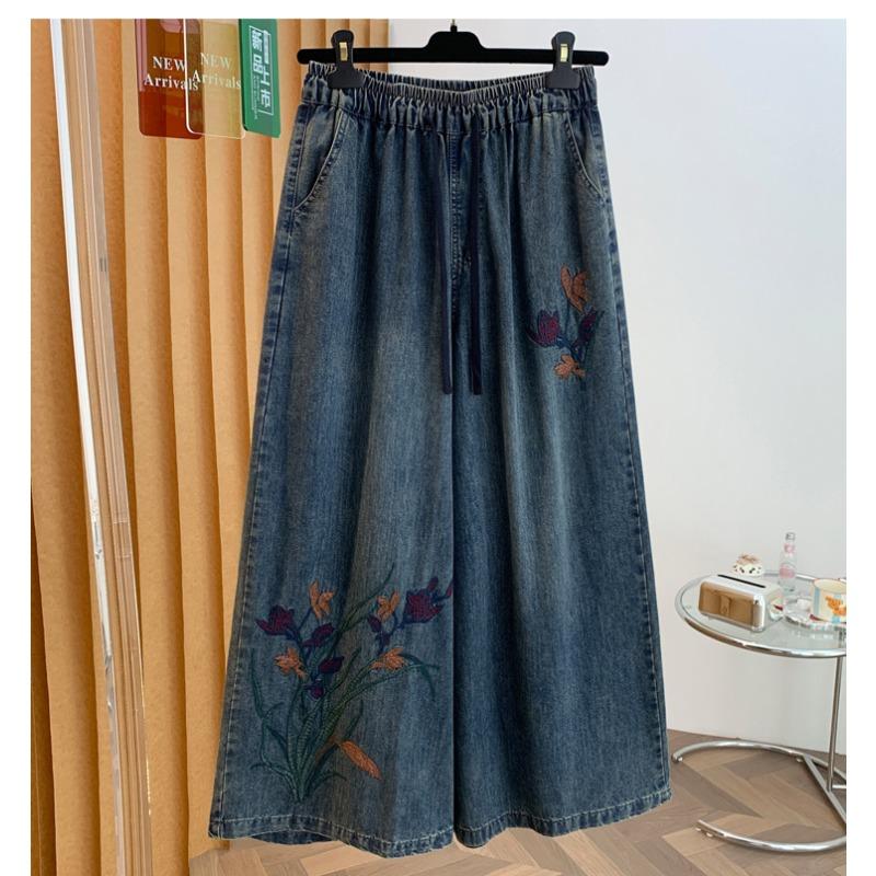DIMANAF 2026 Autumn Winter New Plus Size Women Jeans Elastic Waist Embroidery Floral Long Pants Loose Casual Denim Cotton Trousers Vintage