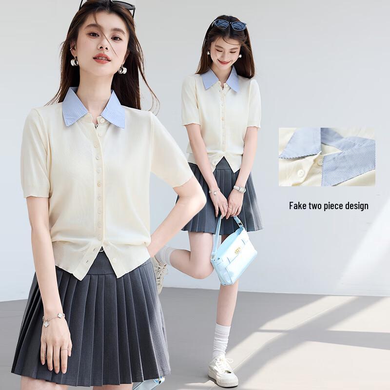 VICTORIA&VERA Women's Short Sleeve Faux Two-Piece Knit Top