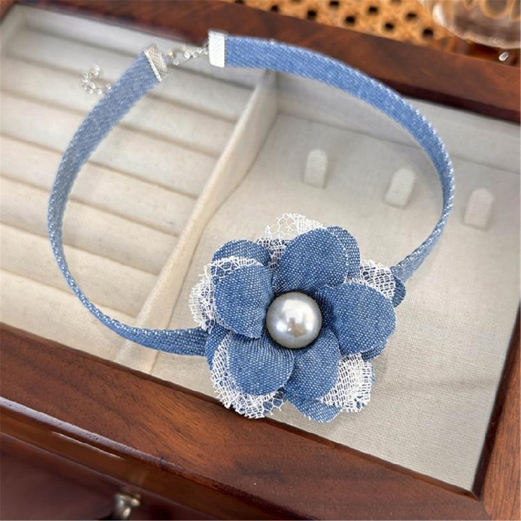 Collier Choker Fleur en Tissu Denim pour Femmes Chaîne à Maillons Bijoux de Cou Clavicule