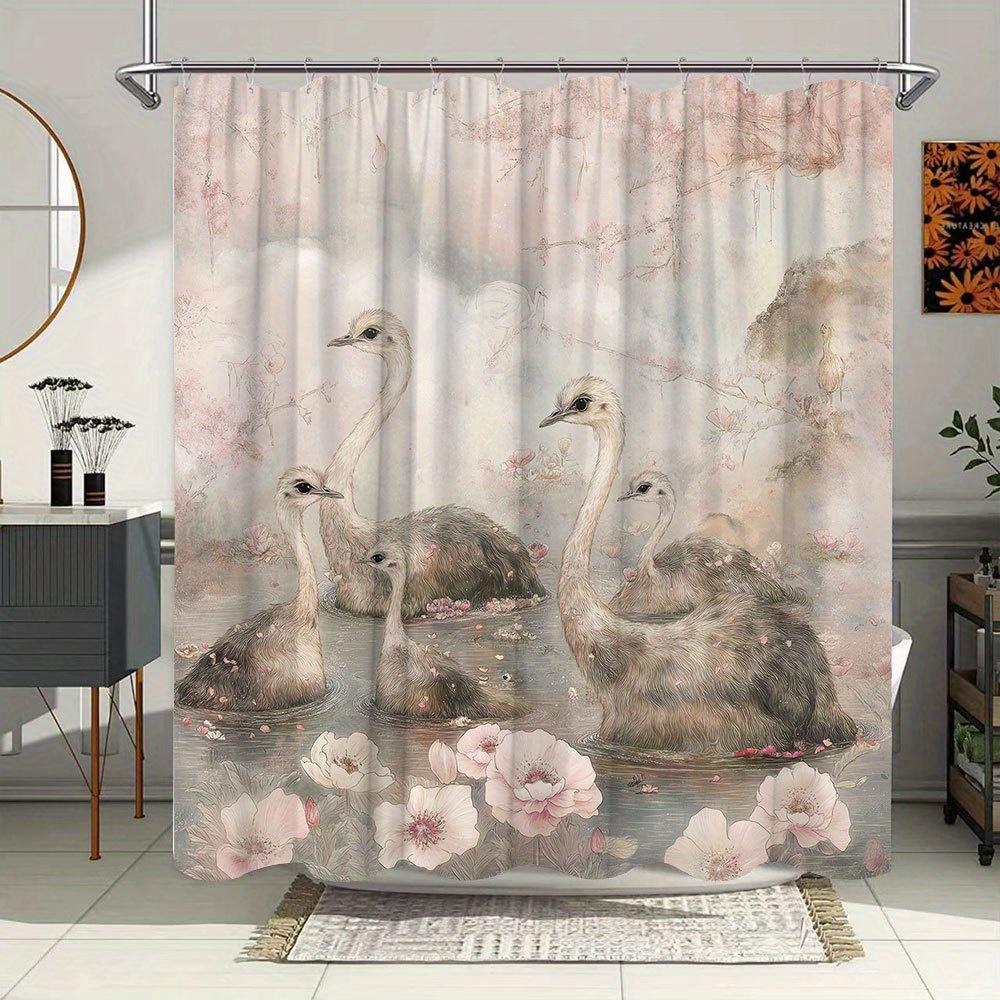 1pc Watercolor Ostriches & Cherry Blossoms Shower Curtain - Serene Pastel Pond Design, Machine-Washable Polyester Bath Curtain 90x180cm