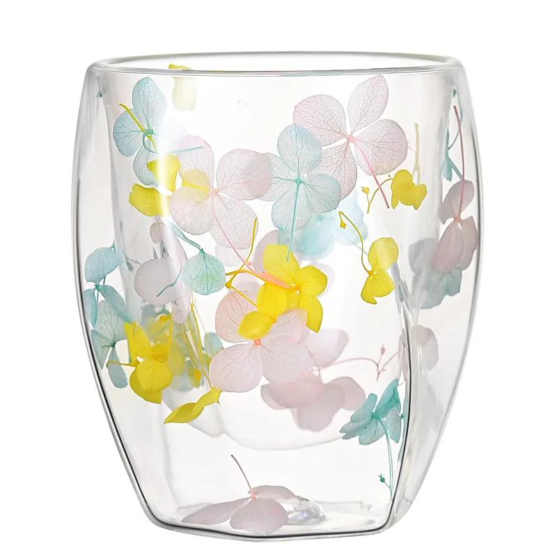 1pc 350ml Double Wall Glass Cup Artificial Flower Decorated Coffee Cup Milk Mug Heat Resistant Tea Cups Glass Mug Kitchenware