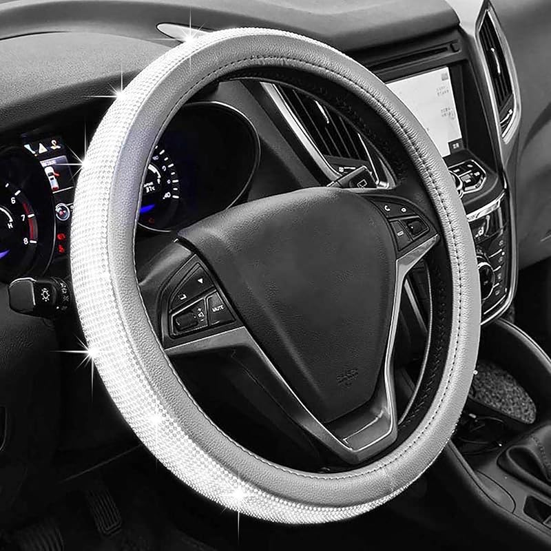Black Leather Bling Diamond Steering Wheel Cover For Women Universal Fit 14.5In-15In